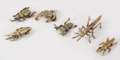 6 darab bronz rovar és béka figura, h: 10 cm alatt