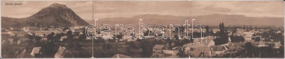 Déva, 3-részes kihajtható panorámalap a várral. Kroll Gyula kiadása / 3-tiled folding panoramacard with castle (r)