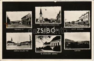 1943 Zsibó, Jibou; Rákóczi út és hegy, Református templom, Unió szálloda, Br. Wesselényi kastély, Horthy Miklós tér, látkép / street, church, hotel, castle, view + "NAGYBÁNYA - SZATMÁRNÉMETI 330" sz. vasúti mozgóposta bélyegző (felületi sérülés / surface damage)