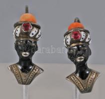 Szerecsenfejes antik fülbevaló pár, zománc, ezüst. aranyozott 20 mm