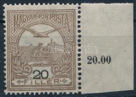 1913 Turul 20f ívszéli bélyeg fekvő vízjellel, lecsúszott értékszámmal