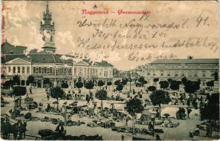 1914 Nagyvárad, Oradea; Szent László tér, piac, Tudakozóügynökségi iroda, Dell'Orto K. üzlete. Hans Nachbargauer kiadása / square, market, shops (EM)