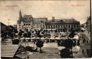 1910 Nagyvárad, Oradea; Szent László tér, piac, villamos, Takarékpénztár, gyógyszertár, Moskovits cipőgyár üzlete. Neumann Vilmos kiadása / square, market, tram, savings bank, pharmacy, shoe store, shops (fl)