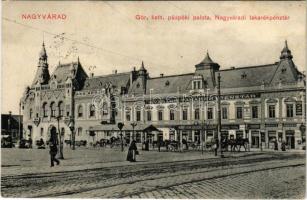 1911 Nagyvárad, Oradea; Görögkatolikus püspöki palota, Nagyváradi Takarékpénztár, Arany Kereszt gyógyszertár, Mezey János üzlete, piac / Greek Catholic bishop's palace, savings bank, pharmacy, shops (fl)