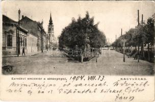 1904 Nagyvárad, Oradea; Ezredévi emléktér a sétánnyal, templom / square, promenade, church (fa)