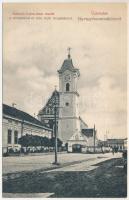1912 Gyergyószentmiklós, Gheorgheni; Kossuth Lajos utcai részlet a plébániával és római katolikus templommal. Kossuth nyomda kiadása / street view with Catholic church and parish (fl)