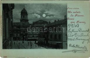1898 Fiume, Rijeka; Torre civica / városháza, torony, üzletek este holdfényben. Edgar Schmidt kiadása / tower at night in moonlight, shops (EM)