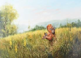 Kovrig Miklós (1951-): Őznász, 2007. Olaj, farost. Jelzett. Hátoldalán autográf felirattal. 50x70 cm.