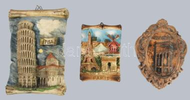 3 db fali dísz, kerámia Visegrád, műgyanta Paris, Pisa. 18-26 cm ig