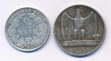 Német Birodalom 1913A 1/2M Ag + Olaszország 1927R 5L Ag "III. Viktor Emánuel" T:VF patina German Empire 1913A 1/2 Mark Ag + Italy 1927R 5 Lire Ag "Vittorio Emanuele III" C:VF patina Krause KM#17, KM#67.1