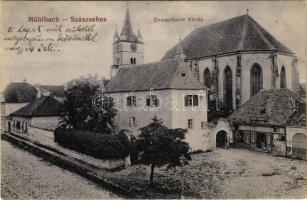 1915 Szászsebes, Mühlbach, Sebesul Sasesc, Sebes; Evangélikus templom, Josef Hientz üzlete. Josef Baumann kiadása / Evangelische Kirche / Lutheran church (EK)