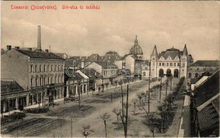1915 Temesvár, Timisoara; Józsefváros, Úri utca és indóház, vasútállomás, villamos, üzletek / street, railway station, tram, shops + "K.U.K. PERMANENTER KRANKENZUG Nr. 15. Aufgestellt vom k.u.k. Garn.-Spital Nr. 5. Brünn" (EK)