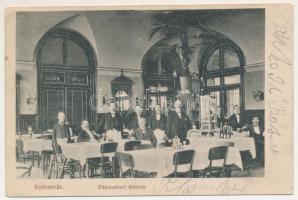 1913 Kolozsvár, Cluj; Pályaudvari étterem, vasúti vendéglő, belső vendégekkel és pincérekkel. Kruppa Károly kiadása, Divald Károly fia / railway station's restaurant, interior with guests and waiters (EK)