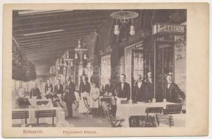 Kolozsvár, Cluj; Pályaudvari étterem, vasúti vendéglő, terasz vendégekkel és pincérekkel. Kruppa Károly kiadása, Divald Károly fia / railway station's restaurant, interior with guests and waiters (EK)