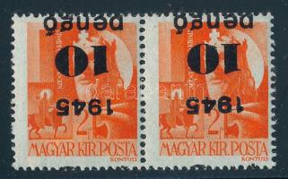 1945 Kisegítő 10P/2f pár fordított és elcsúszott felülnyomattal / Mi 814 pair with shifted and inver...