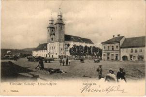 1904 Székelyudvarhely, Odorheiu Secuiesc; Batthyány (Battyáni) tér, templom, piac, üzletek. M. J. kiadása / square, church, market, shops (fl)