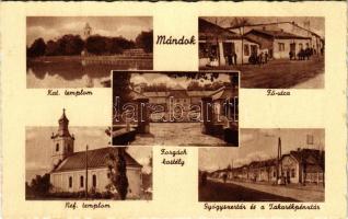 Mándok, Római katolikus templom, Fő utca, üzlet, Forgách kastély, Református templom, Gyógyszertár és Takarékpénztár. Klein Ármin kiadása (EB)