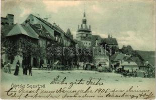 1904 Segesvár, Schässburg, Sighisoara; tér, Girscht üzlete, piac. Teutsch F. kiadása, hátoldalon Franz Wohl férfi és női ruharaktára reklám / square, shops, market. Fashion store advertisement on the backside (EK)