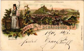 1901 Segesvár, Schässburg, Sighisoara; Ansicht mit Schulberg, Bergkirche, Stundturm, Comitatshaus u. Kokelfluss mit Brücke, Sächsische Tracht / látkép, erdélyi szász folklór. F. Petrovits kiadása, szecessziós-virágos litho / general view, Transylvanian Saxon folklore. Art Nouveau, floral, litho (ázott / wet damage)