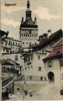 Segesvár, Schässburg, Sighisoara; Óratorony, W. Schwarz üzlete. W. Nagy kiadása / clock tower, shops (felületi sérülés / surface damage)
