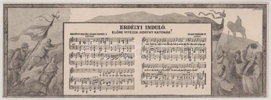 Erdélyi induló. Előre vitézek, Horthy katonák! Zilahi Farnos E. zenéje, Naményi Zoltán-Zilahi Farnos E. szövege. Kiadja a Magyar Nemzeti Szövetség. 2-részes kinyitható irredenta kottás képeslap / WWII Hungarian Army's Transylvanian military anthem, irredenta propaganda, 2-tiled folding card with sheet music s: Buday (EB)