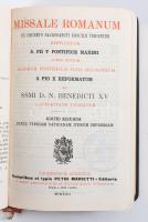 Missale Romanum ex decreto sacrosancti Concilii Tridentini restitutum S. Pii V. Pontificis Maximi jussu editum aliorum pontificum cura recognitum a Pio X reformatum et SSMI D. N. Benedicti XV auctoritate vulgatum. Taurinorum Augustae [Torino], 1922, Petri Marietti. Latin nyelven. Félbőr-kötésben, aranyozott lapélekkel, nagyrészt jó állapotban.