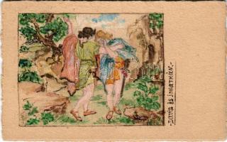 Dávid és Jonatán. Kézzel festett vallásos művészlap / David and Jonathan, hand-painted art postcard