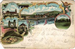 1899 Bad Deutsch-Altenburg, Kirche, Türkenhügel, Haidenthor, 1000 jähr. Rundkapelle, Amphitheater. M. Nowatzi, Kunstanstalt Karl Schwidernoch Art Nouveau, floral, litho (EM)