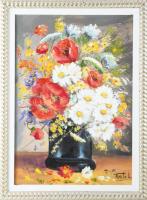 Finta László (1944-): Virágcsendélet. Olaj, farost, jelzett. Dekoratív fakeretben, 48×33 cm