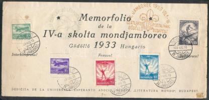 1933 Jamboree emléklap Repülő bélyegekkel és Jamboree légiposta bélyegzésekkel (kartonra ragasztva)