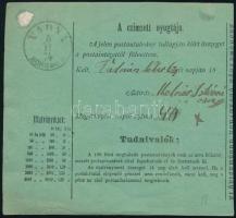 1874 Réznyomat 10kr postautalványon / on PS-money order "HARKÁCS / GÖMÖR M." - Vadna