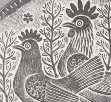 Stefan Kniat (1914-1990): Kakas és tyúk mintás falitál, jelzett, hibátlan, d: 20 cm