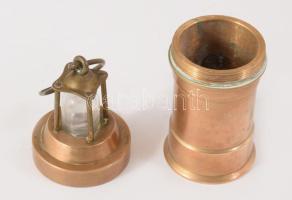Régi bronz bányászlámpa, m: 11 cm
