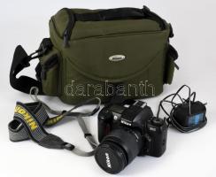 Nikon F65 fényképezőgép, kiegészítővel, tokban.