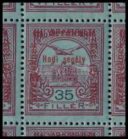1915 Hadisegély II. 50f ívsarki 25-ös tömb, benne a 13. ívhelyen 35f/50f lemezhiba. Már a Turul kiad...