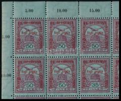 1915 Hadisegély II. 50f ívsarki 25-ös tömb, benne a 13. ívhelyen 35f/50f lemezhiba. Már a Turul kiad...