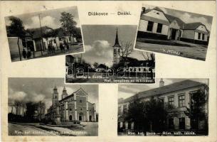 1941 Deáki, Diakovce; Református templom az iskolával, Kultúrház, Római katolikus templom és iskola, Varga üzlete / Calvinist church and school, community center, Catholic church and school, shop (fl)