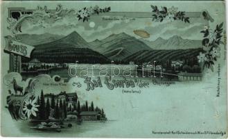 1898 Tátra, Magas-Tátra, Vysoké Tatry; Csorber-See, Hotel Klimo a. See / Csorba-tó, Klimo szálloda este holdfényben / Strbské pleso / lake, hotel at night in moonlight. Kunstanstalt Karl Schwidernoch Art Nouveau, floral, litho (b)