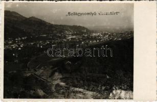 1940 Szilágysomlyó, Simleu Silvaniei; látkép, vasútvonal / general view, railway line. photo + "1940 Szilágysomlyó visszatért" So. Stpl.