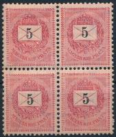 1889 5kr négyestömb 12 : 11 3/4 fogazással, POSTATISZTA, luxus minőségben!