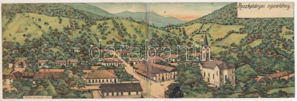Ruszkabánya, Rusca Montana; nyaralóhely, templom. Fuchs fényképei után. 2-részes kihajtható panorámalap / church, holiday resort, spa. 2-tiled folding panoramacard, litho (r)