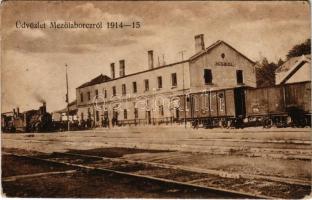 Mezőlaborc, Medzilaborce; lerombolt vasútállomás, gőzmozdony, vonat. Üdvözlet Mezőlaborczról 1914-15 / WWI destroyed railway station, locomotive, train (EB)