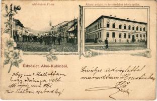 Alsókubin, Alsó-Kubin, Dolny Kubín; Fő tér, Állami polgári és kereskedelmi iskola. Hirschfeld Adolf kiadása, szecessziós-virágos keret / main square, school. Art Nouveau, floral (Rb)