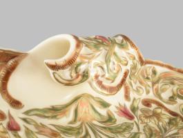 Zsolnay aranykontúrozott virágmintás névjegykártyatartó tál, jelzett, hibátlan, 30x24 cm