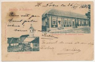 1904 Dobra, Hunyaddobra (Hunedoara); Postahivatal és takarékpénztár épülete, görögkeleti templom. Komlósy János kiadása / post office, savings bank, Greek Orthodox church (vágott / cut)
