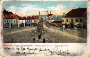 1901 Nagyszombat, Tyrnau, Trnava; Ferenc József tér, Nagy Lajos utca, Szentháromság szobor, üzletek. F. Richter kiadása / square, street, Holy Trinity statue, shops (fa)