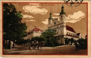 Nagyszombat, Tyrnau, Trnava; Pázmány tér, Invalidus templom és rokkantak háza. Elbert Testvérek kiadása / square, church and institute for the disabled (fa)