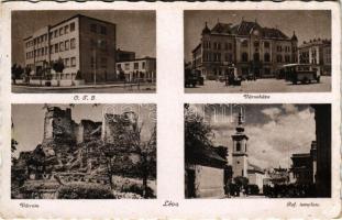 Léva, Levice; OTI intézet, városháza, autóbusz, várrom, Református templom / National Social Security Institute, town hall, autobus, castle ruins, Calvinist church (EK)