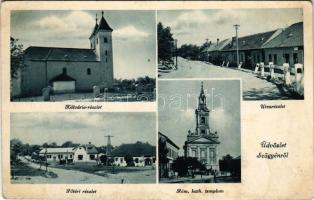 Szőgyén, Szölgyén, Svodín; Kálvária, Fő tér, utca, római katolikus templom / calvary, church, main square, street (fl)