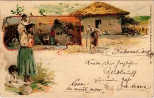 1899 Salutari din Romania / Romanian folklore, Gypsy camp. Edit. Libraria Emile Storck Art Nouveau, litho (EK)